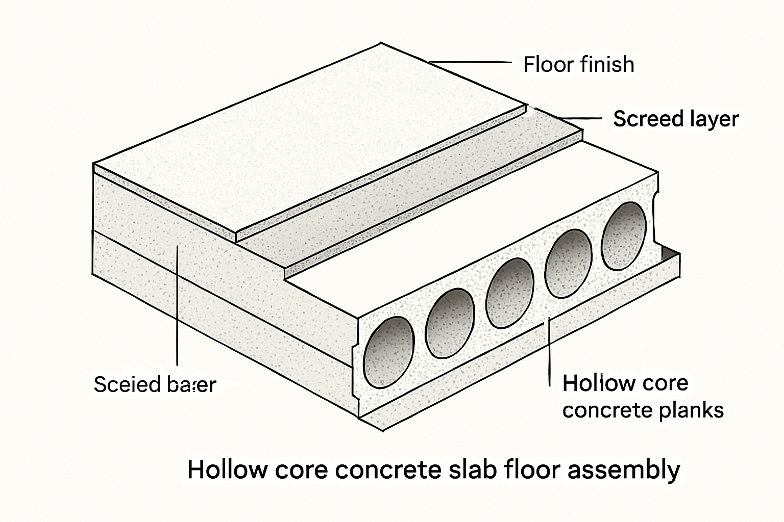 Teknisk tværsnit af huldæk brugt som etageadskillelse i betonetagebygning